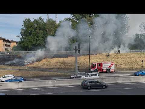 Video Sterpaglie a fuoco lungo la tangenziale, intervengono i vigili del fuoco