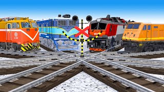 【踏切アニメ】でこぼこの踏切で交差する5本の列車【電車】🚦 踏切FUMIKIRI TRAINS CROSSING ON BUMPY FORKED RAILROAD ANIMATION #1