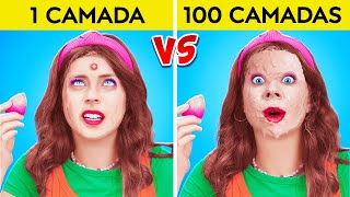 100 CAMADAS de Make Up 💅 Insanamente pesado com coisas de beleza por 123 GO! CHALLENGE