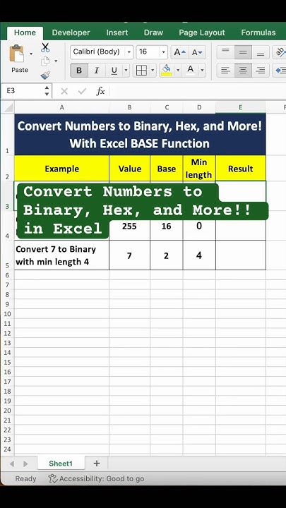 Excel Function: Convert Numbers to Binary, Hex, and More: BASE in Excel ...
