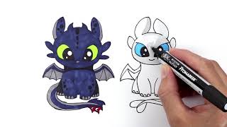 Toothless and Light Fury | Drawing and Coloring | How to draw Cute Dragon