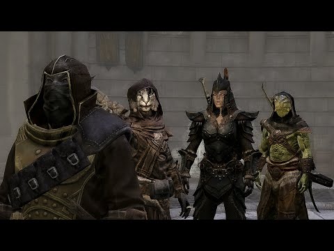 Skyrim gameplay: dark-elf, Khajiit, lizard and Orc-female