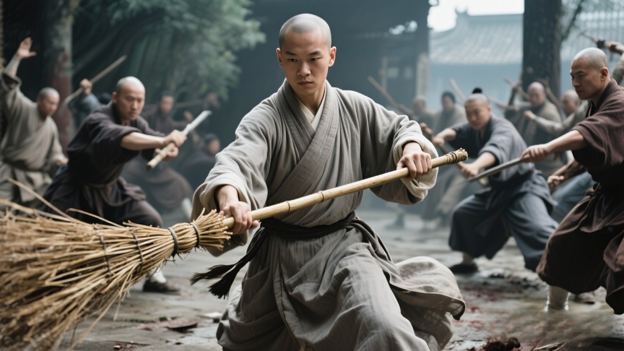 Неприметный монах скрывает мощь, с метлой сметает героев, все мастера повержены