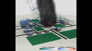 CFD simulation of a tornado crossing an urban area