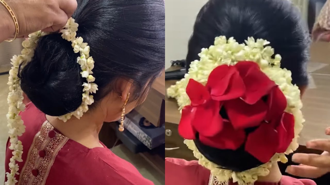 Kavita Desai - Flower bun..Red petals all over her bun making my bride look  more preety ❤️ #flowerbun#bun#hairstyles #hair#hairart #hairdo #hairstyle#hairgoals  #hairideas #hairfashion | Facebook