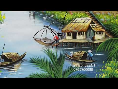 Tranh sơn dầu phong cảnh làng quê Việt Nam.