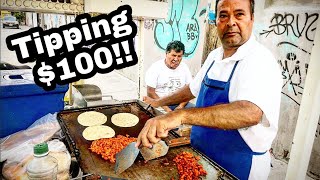 INSANE Mexico Street Food TACOS  BEST Juicy BARBACOA Tacos + TIPPING $100 DOLLARS To NICE Taquero!