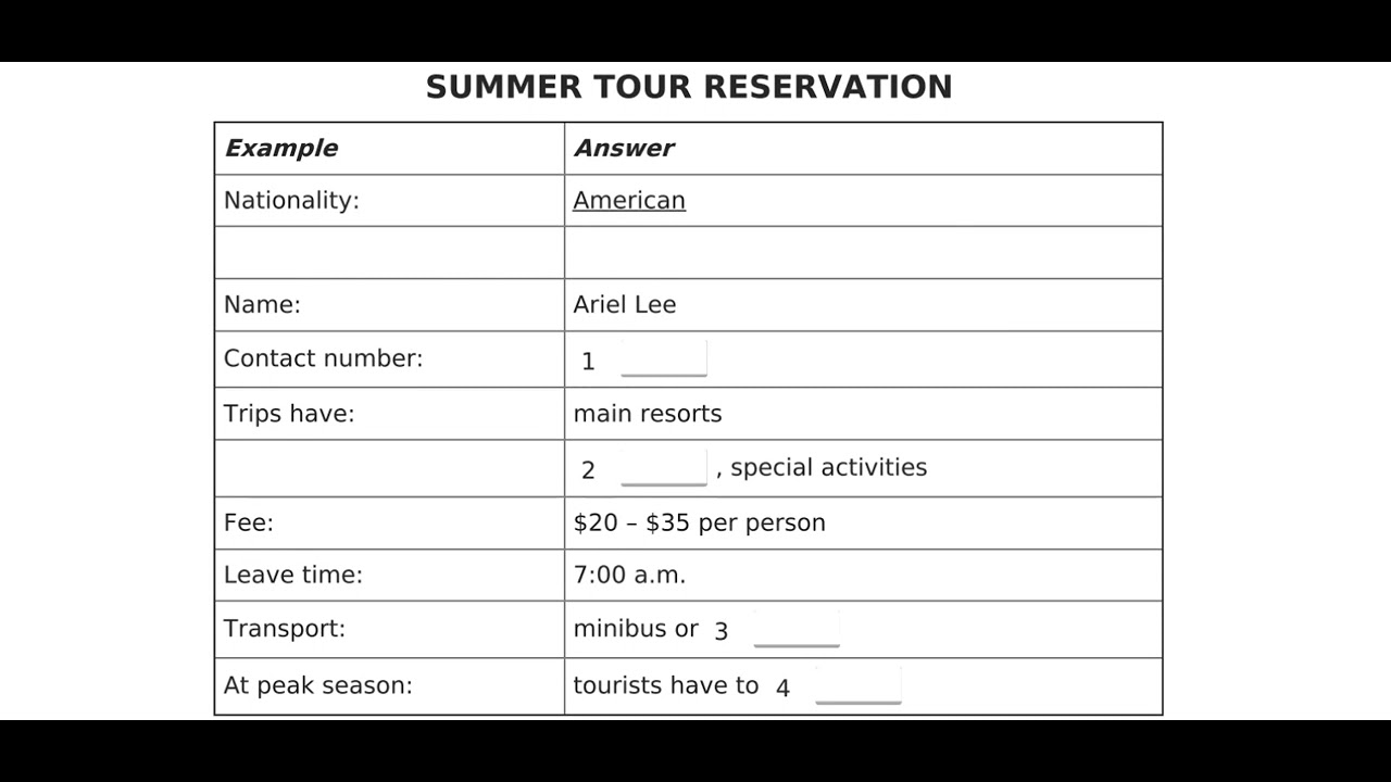 summer tour reservation ielts listening