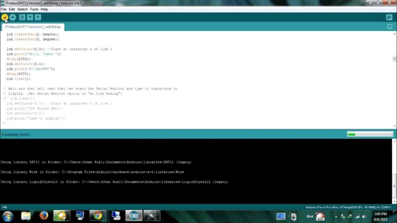 Proteus 8.1 - Simulate Arduino+DHT11+I2C Display 16x2+Serial Monitor ...