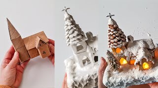 Snowy Miniature Church Using Tissue/ Toilet Paper Roll Tubes & Air Dry Clay