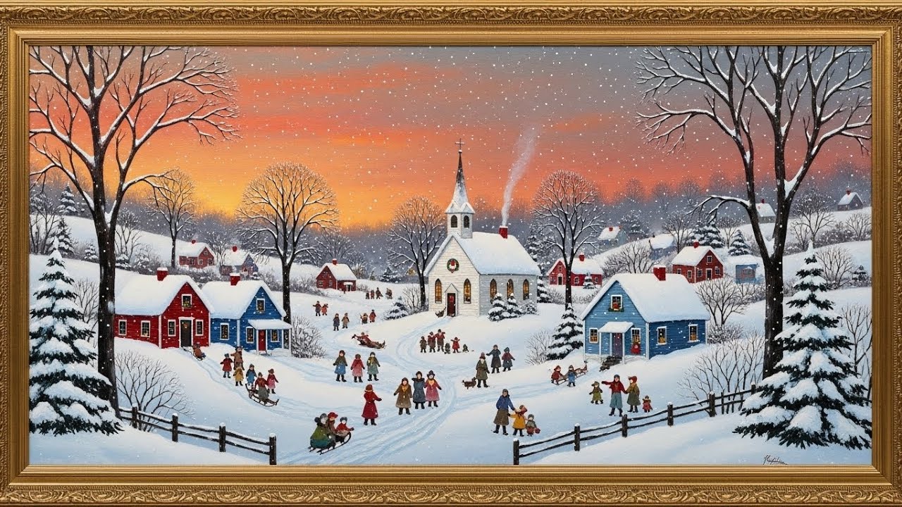 Frame TV Art with Music Cozy Winter Village Folk Art Painting | Relaxing Acoustic Music for Frame TV