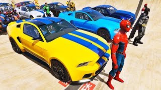 CARROS Ford Mustang com HOMEM ARANHA e SUPER HERÓIS! Desafio da Mega Rampa - IR GAMES