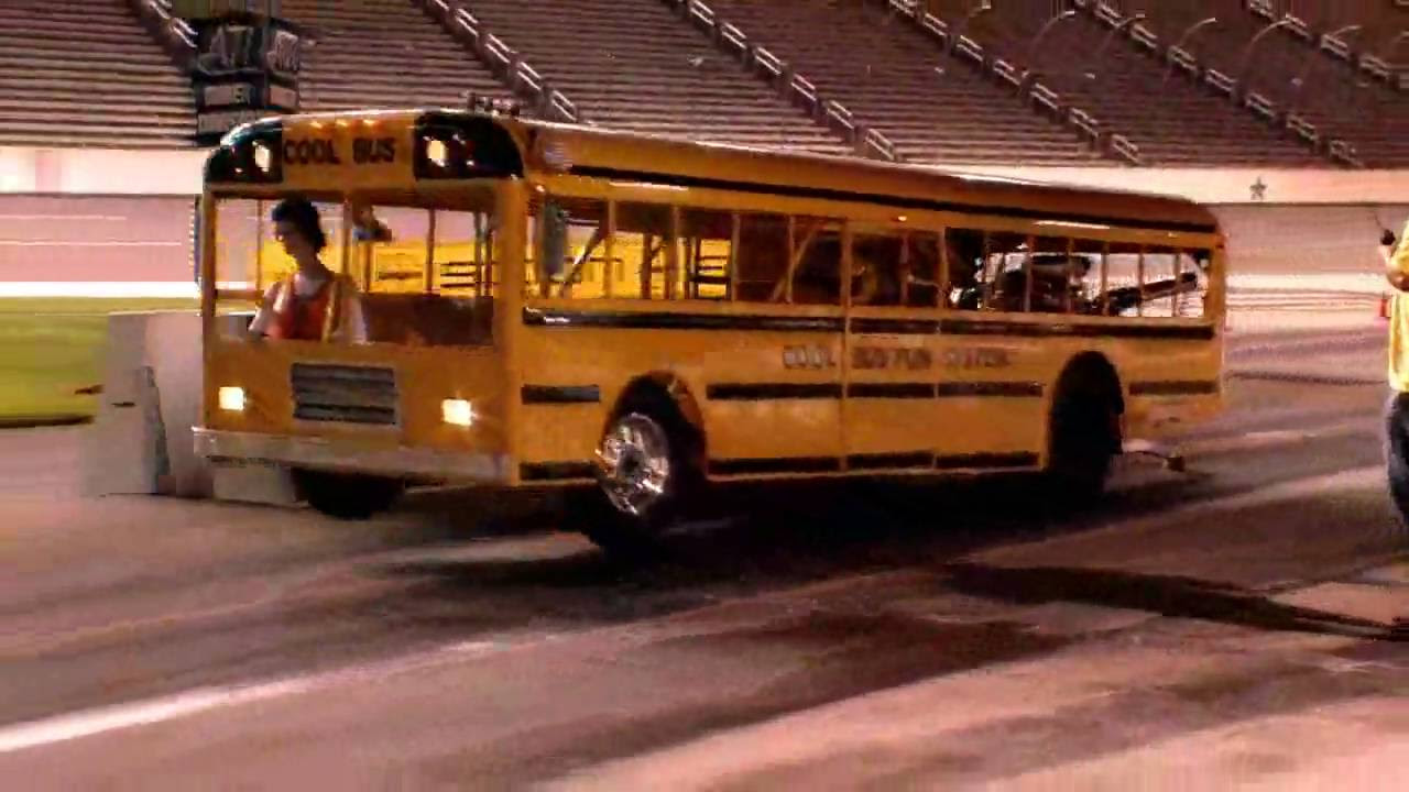 School Bus does wheelie at Texas Motor Speedway