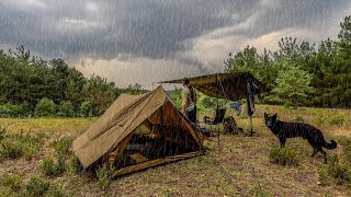 Кемпинг под сильным дождем в палатке-шале с моей собакой - отдых в палатке, уютная ночь, гром