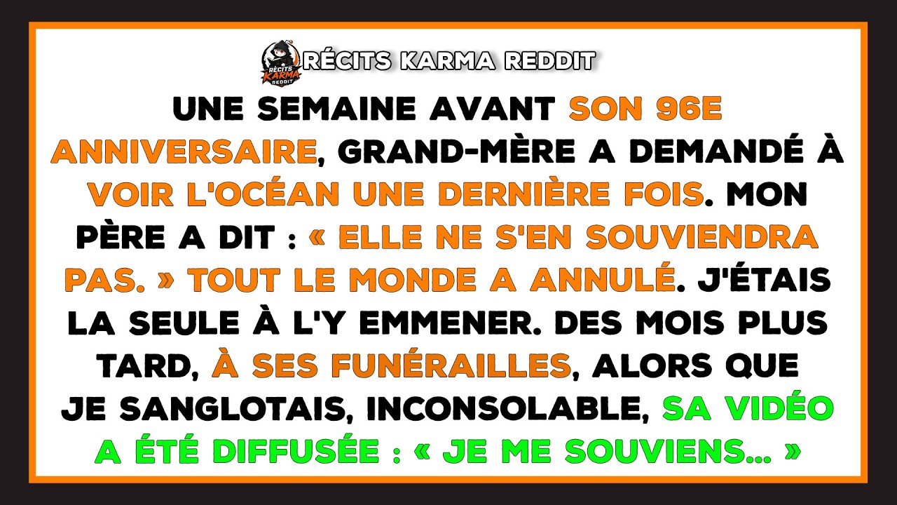 « Audrey, peux-tu m’emmener voir l’océan une toute dernière fois ? » Cette phrase, ma grand-mère Éveline me l’a murmurée une semaine avant son anniversaire, dans l’air lourd du salon familial. Mon...