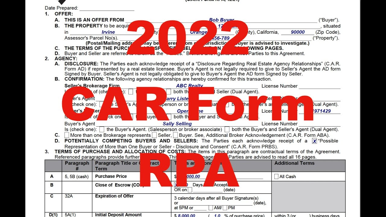 2022 California Residential Purchase Agreement CAR form RPA