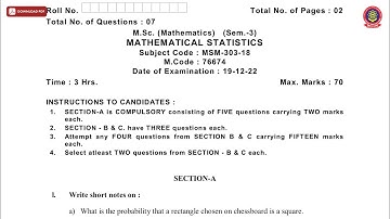 MSC 3RD SEM MATHEMATICS MATHEMATICAL STATISTICS DEC 2022 | PTU