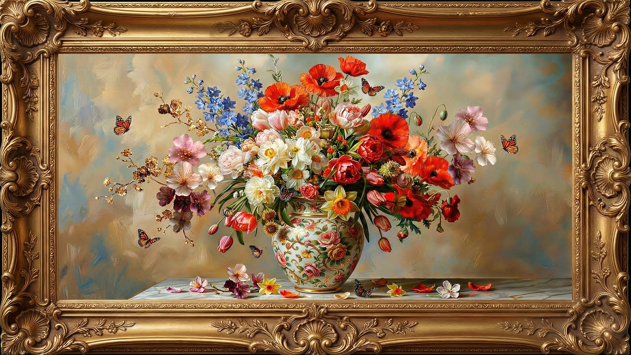 Classic Floral Still Life in Gold Frame | 4K Art Screensaver for TV (4 Hours)