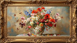 Classic Floral Still Life in Gold Frame | 4K Art Screensaver for TV (4 Hours)