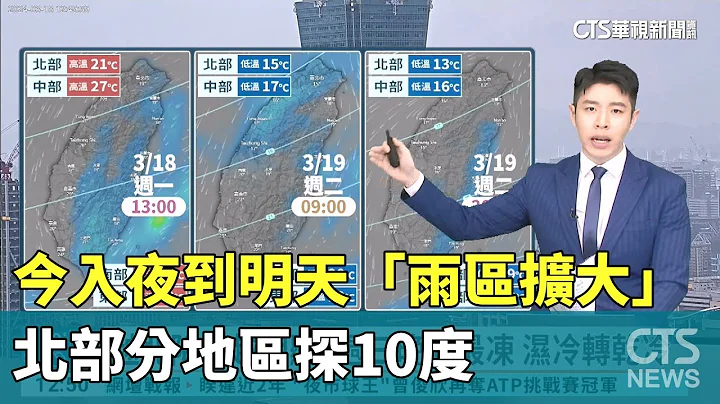今入夜到明天「雨區擴大」　北部分地區探10度｜華視生活氣象｜華視新聞 20240318 - 天天要聞