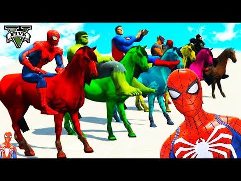 HOMEM ARANHA, GOKU, BATMAN com Cavalos e HERÓIS! Desafio Spiderman Jump HULK ARMY - GTA V Mods