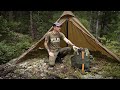 SOLO BUSHCRAFT CAMP IN THE RAIN - New Backpack Giveaway- Catch and Cook - Open Shelter in Bug Season