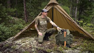 SOLO BUSHCRAFT CAMP IN THE RAIN - New Backpack Giveaway- Catch and Cook - Open Shelter in Bug Season