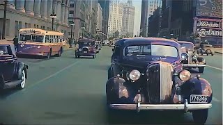 New York \& Chicago (1930s-1940s) in color, Driving Downtown [60fps, Remastered] w\/sound design added