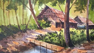 Watercolor Landscape For Beginners Scenery // How To Paint Scenery With Watercolor Easy #watercolor