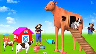 Long Leg Cow Mud House Building in Farm | Cows Cartoon Videos | Horse, Sheep, Pigs Farm Animals