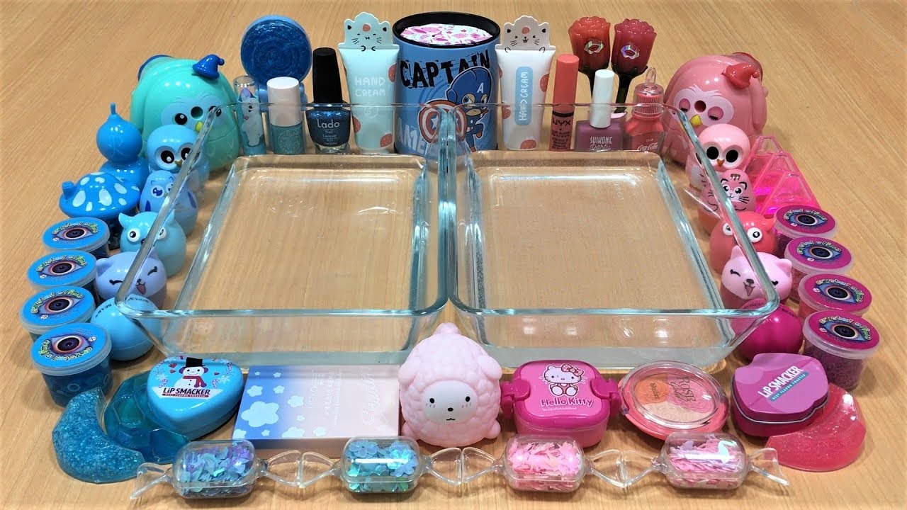 Mixing Makeup and Glitter Into Clear Slime ! Pink Vs Blue Special Series Part 14 Satisfying Slime