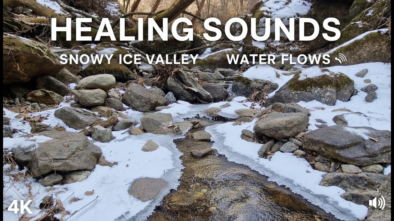 4K Winter River Sounds - Relaxing Water Flowing in Snowy Valley for Sleep & Study