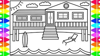 How to Draw a BEACH HOUSE for Kids Beach House Drawing Beach House Coloring Pages for Kids