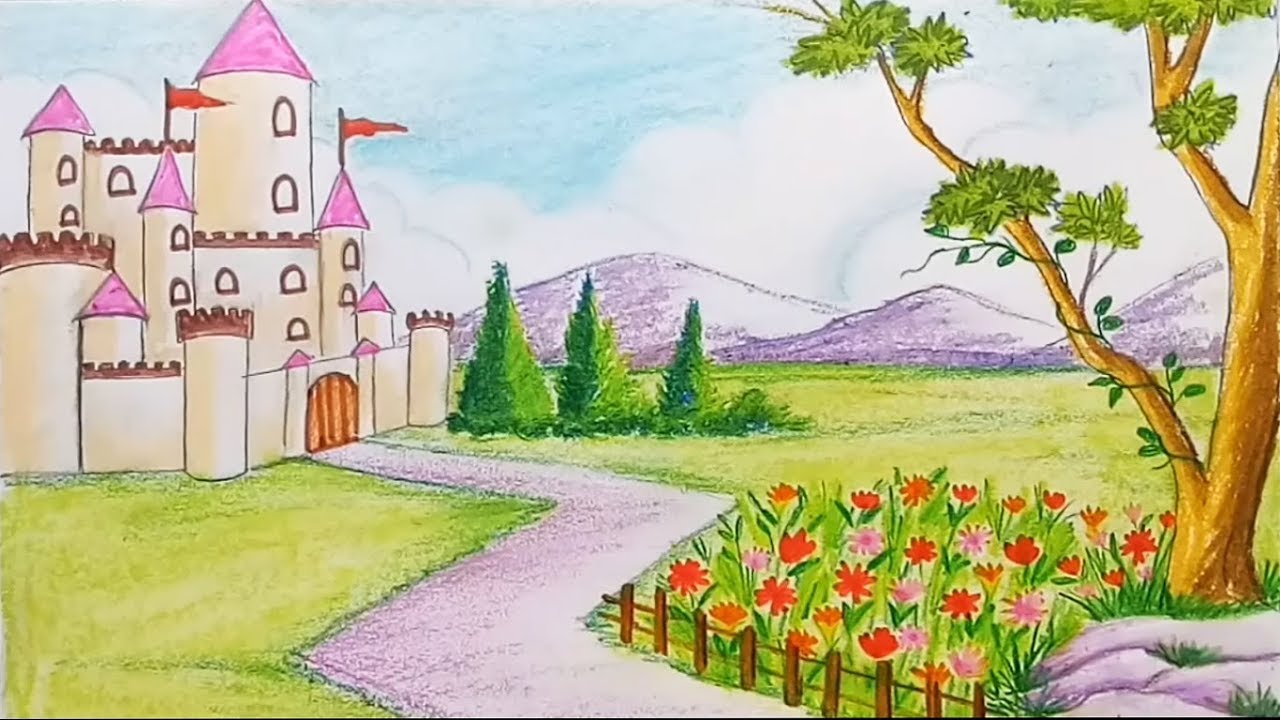 How to draw a scenery of flower garden with castle step by 