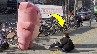 A Korean Girl FELL On Ground!! AWESOME Reactions!! Giant pink bear Prank
