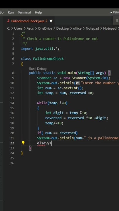Palindrome number program using JAVA - YouTube