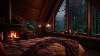 Attic Bedroom Ambience with Fireplace at Quiet Night Rainstorms on Window for Deep Sleep, Relaxation