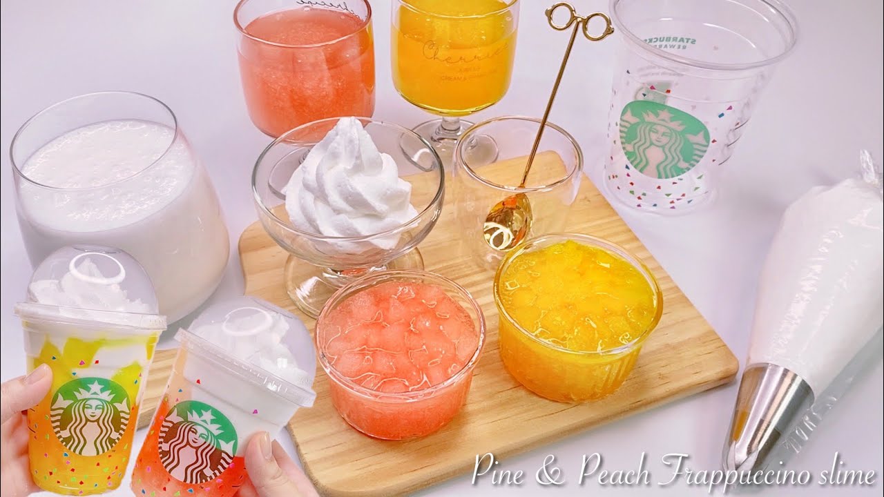 【ASMR】スタバ🧋パイナップルフラペチーノ＆ピーチフラペチーノスライム🍑🍍【音フェチ】Pine & Peach Frappuccino slime 파인애플 & 복숭아 프라푸치노 슬라임