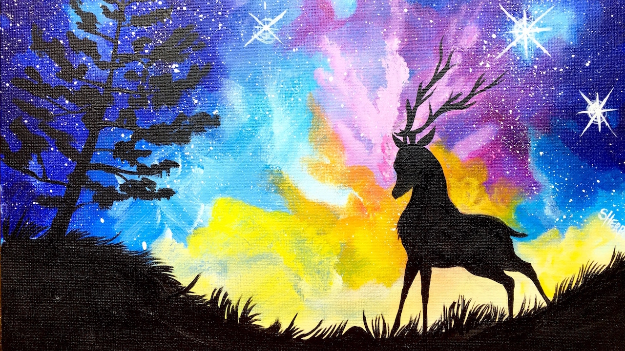 Acrylic Starry Night Sky and STAG with Aurora Borealis Painting on