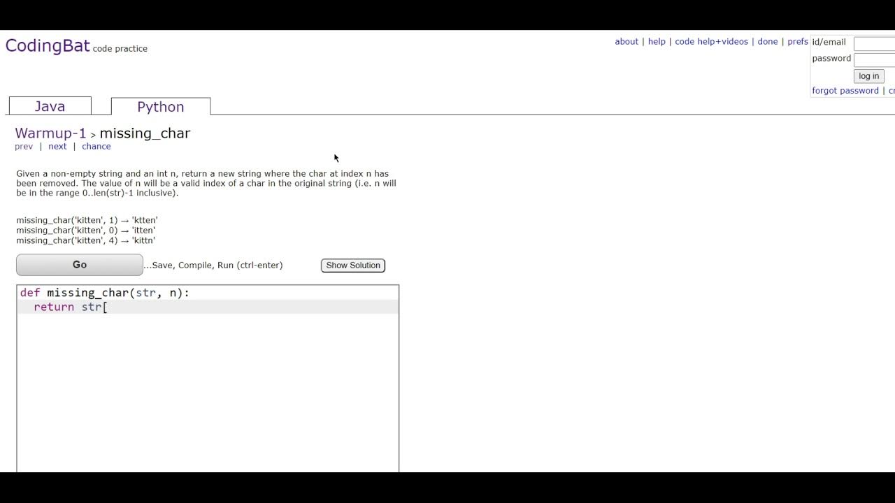 Warmup-1 (missing_char) Python Tutoriall || Codingbat.com - YouTube