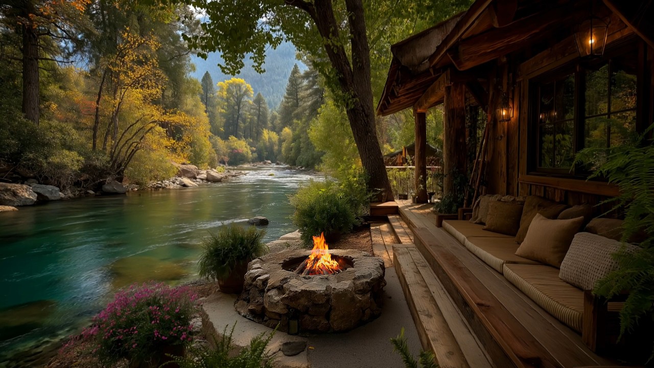 Cozy Riverside Cabin Ambience 🔥 | Relaxing Nature Sounds, Flowing River ...