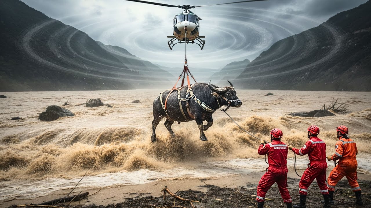 Animal Rescue: Brave Heroes Save a Buffalo Trapped in a Violent Flood