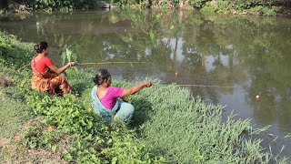 Excellent fishing video 🐠✅|| The expert young lady & old women fish hunting in pond || Nice fishing🎣