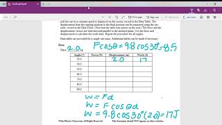 Calculations for It's All Uphill with correct force written in data table.