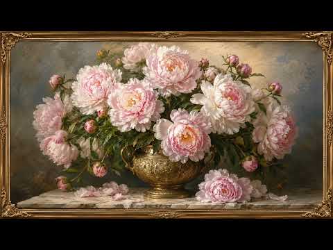 Vintage Painting Pink Peonies Gold Vase | Peonías Rosadas Jarrón Dorado 2K — 2 Hours — 1 Scene