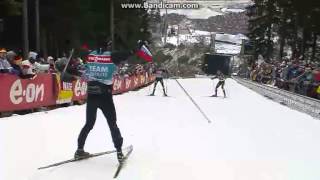 Simon Fourcade having fun with Simon Desthieux and Baptiste Jouty in front of the public of Oberhof