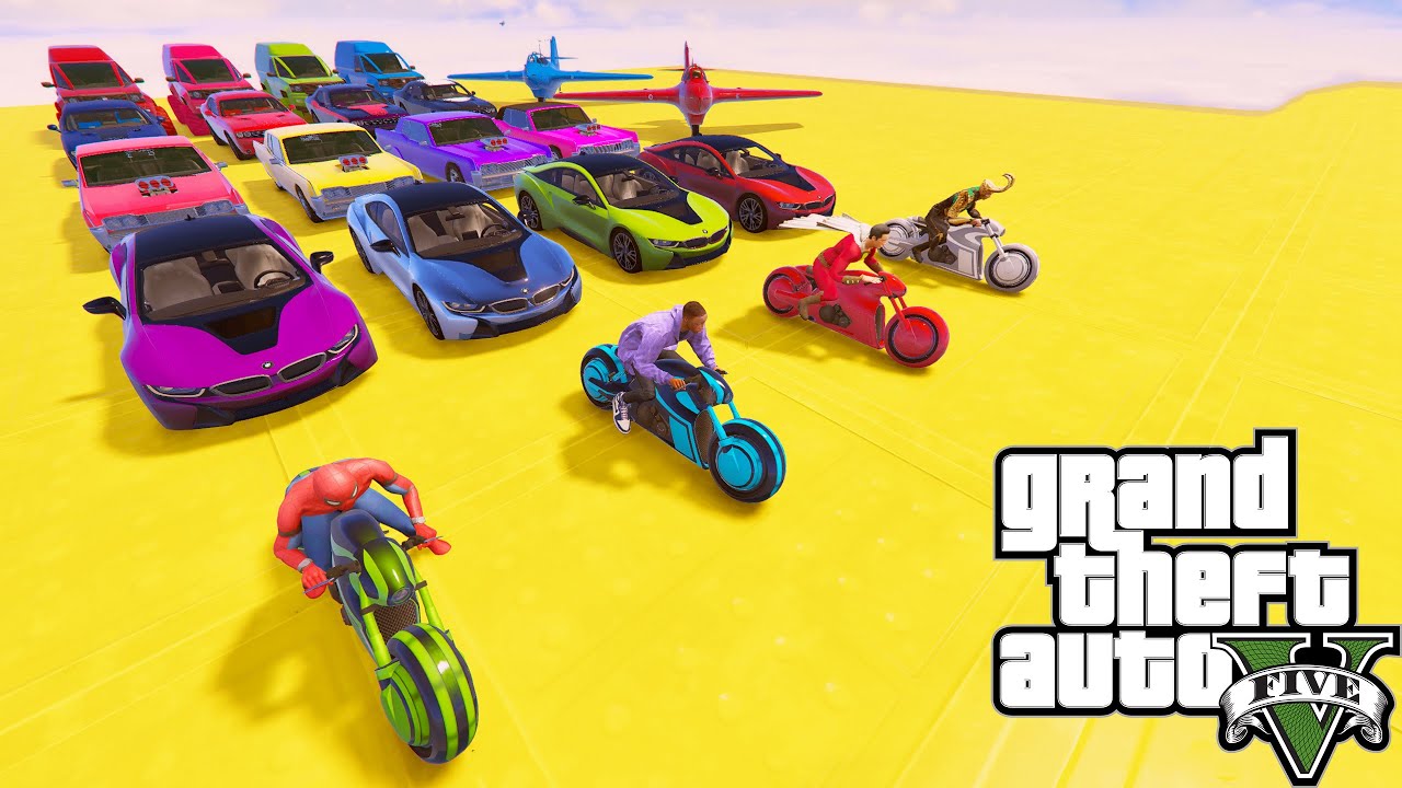 GTA V Sports Cars, Fighter Jets and Flying Cars Mega Ramp Challenge By Trevor with Spiderman