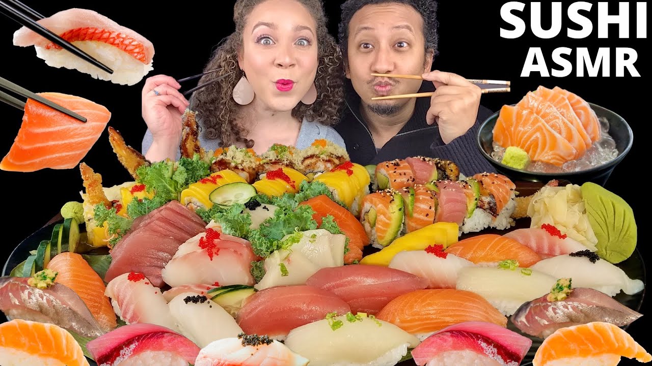 ASMR SUSHI RAW SALMON, TUNA, YELLOWTAIL NIGIRI/ SASHIMI & SUSHI ROLLS |SUSHI MUKBANG| 