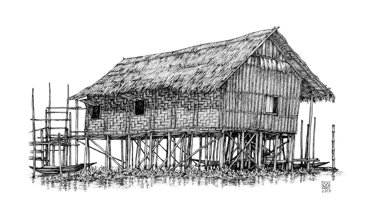 Stilt house drawing easy/ Pile dwelling/ Lake dwelling , draw stilt house  for EVS ,step by step. - YouTube