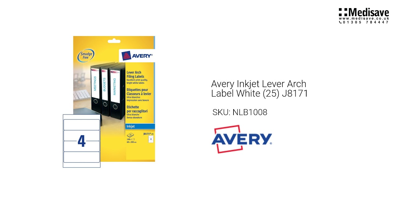 Avery Inkjet Lever Arch Label White 25 J8171 NLB1008 YouTube